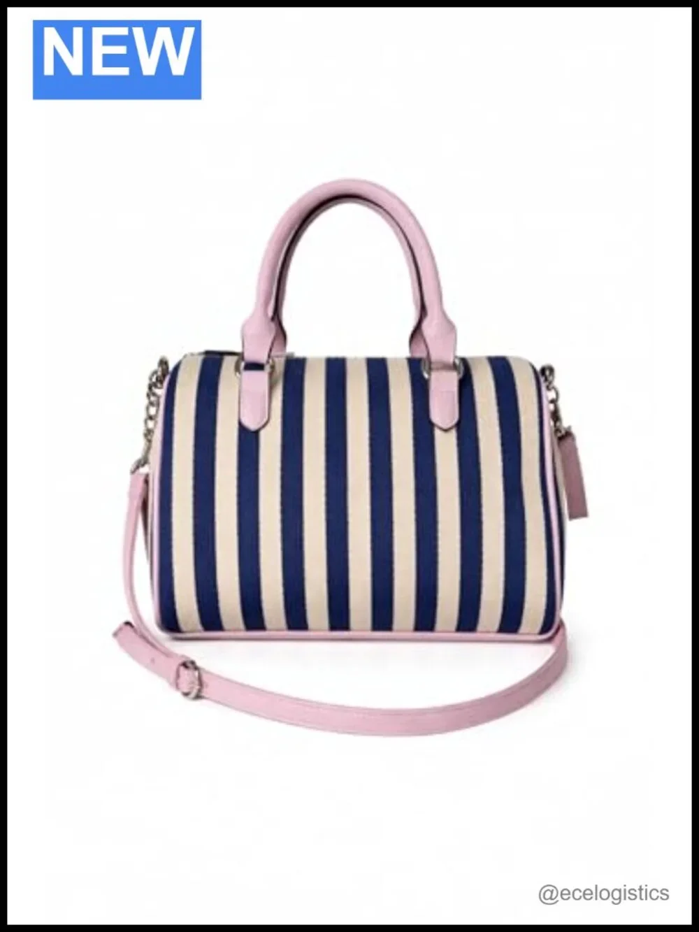 Top Handle Satchel with Crossbody Strap, Embroidered Logo, Pink Pom-Pom Charm
